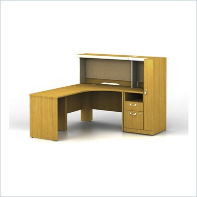 Bush Quantum Left L-Shape Administrative Configuration Wood Office Set with Hutch in Modern Cherry