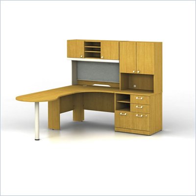 Bush Quantum Left L-Shaped Desk with Hutch in Modern Cherry