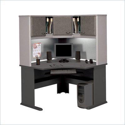 Bush Advantage Series Wood Corner Desk with Hutch in White Spectrum and Pewter
