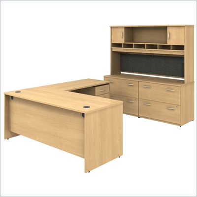Bush Light Oak Corsa Series L-Shaped Desk w/ Cabinets