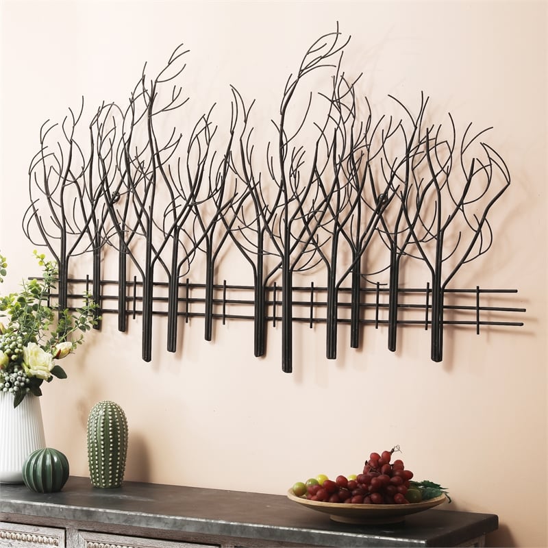 LuxenHome Snowy Black Metal Field of Trees Wall Decor
