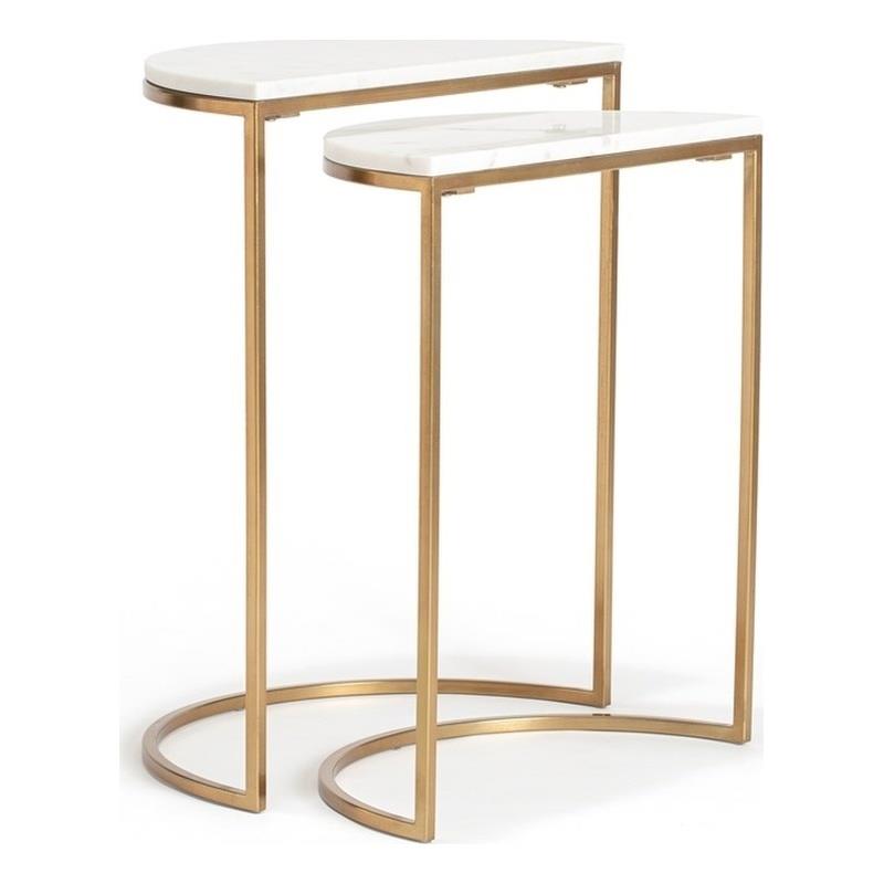 Adore Decor Kingston Gold Nesting Side Table Set of 2 White and Gold