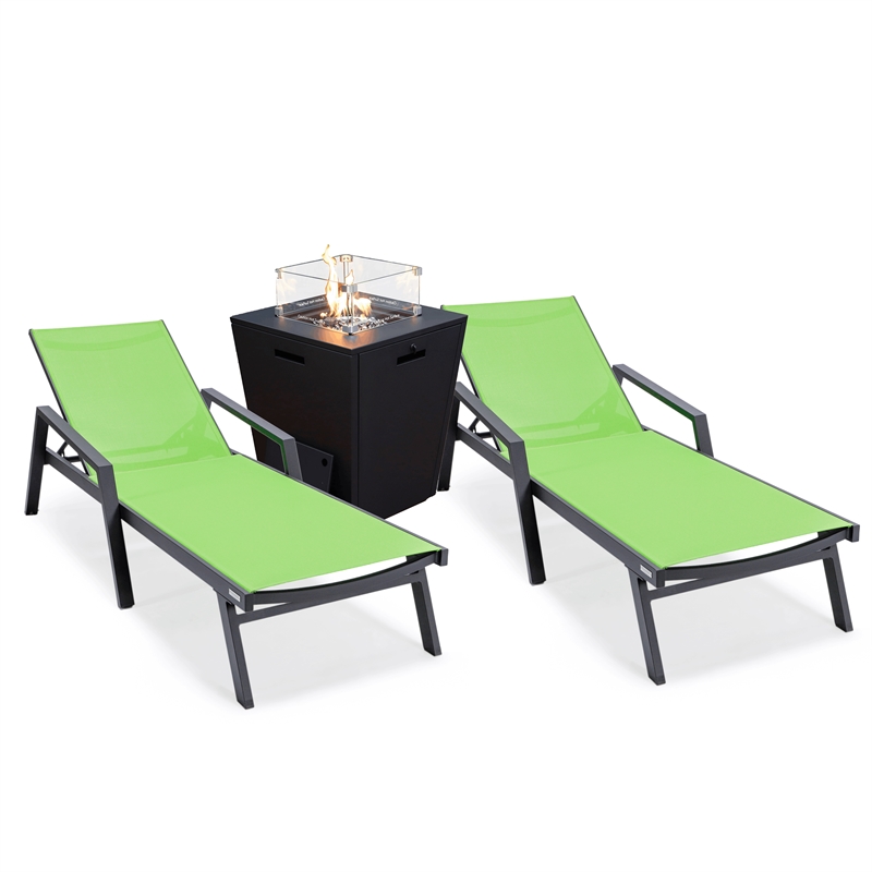 LeisureMod Marlin 2 Black Aluminum Lounge Armchair and Fire Pit Green ...
