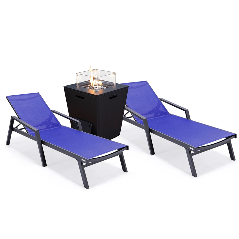 LeisureMod Marlin 2 Black Aluminum Lounge Armchair and Fire Pit Navy ...