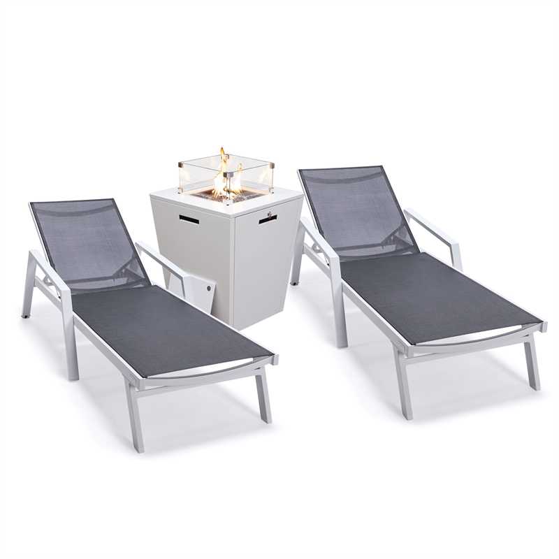 LeisureMod Marlin 2 White Aluminum Lounge Armchair and Fire Pit Black ...