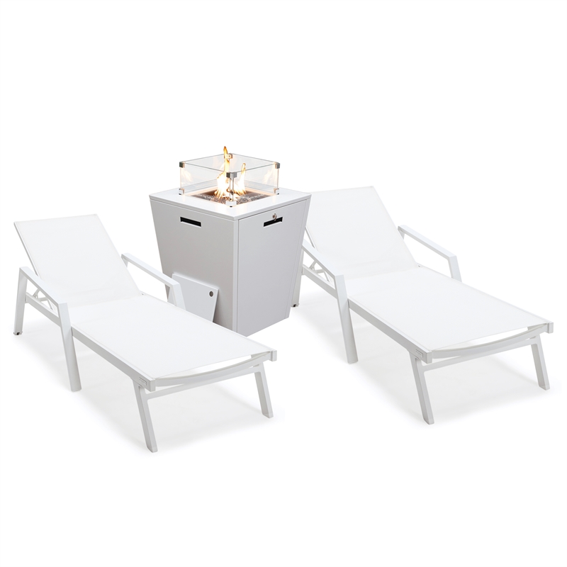 LeisureMod Marlin 2 White Aluminum Lounge Armchair and Fire Pit White ...