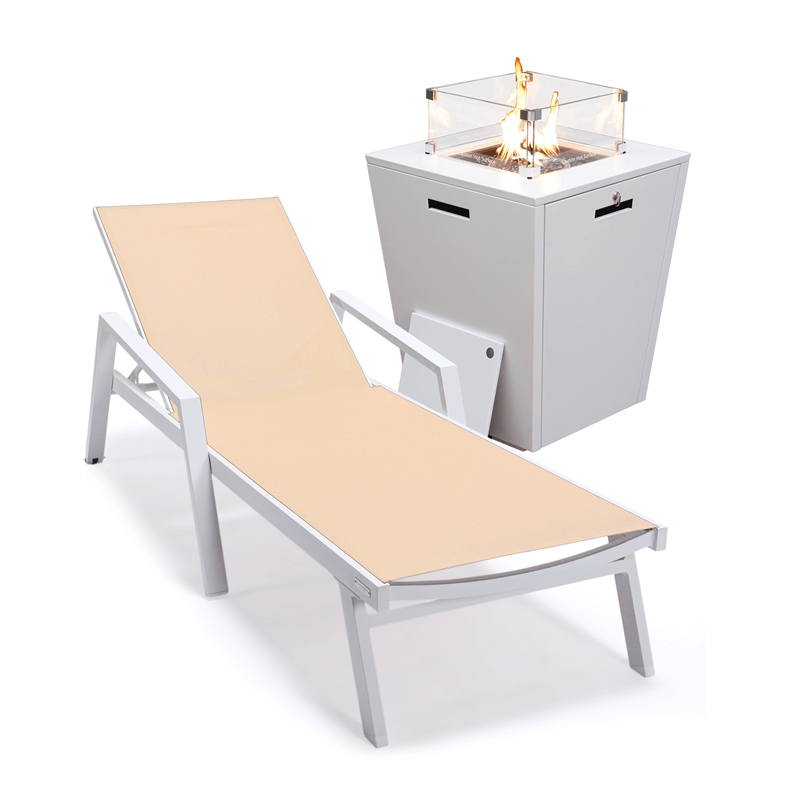 LeisureMod Marlin White Aluminum Lounge Armchair and Fire Pit Light ...