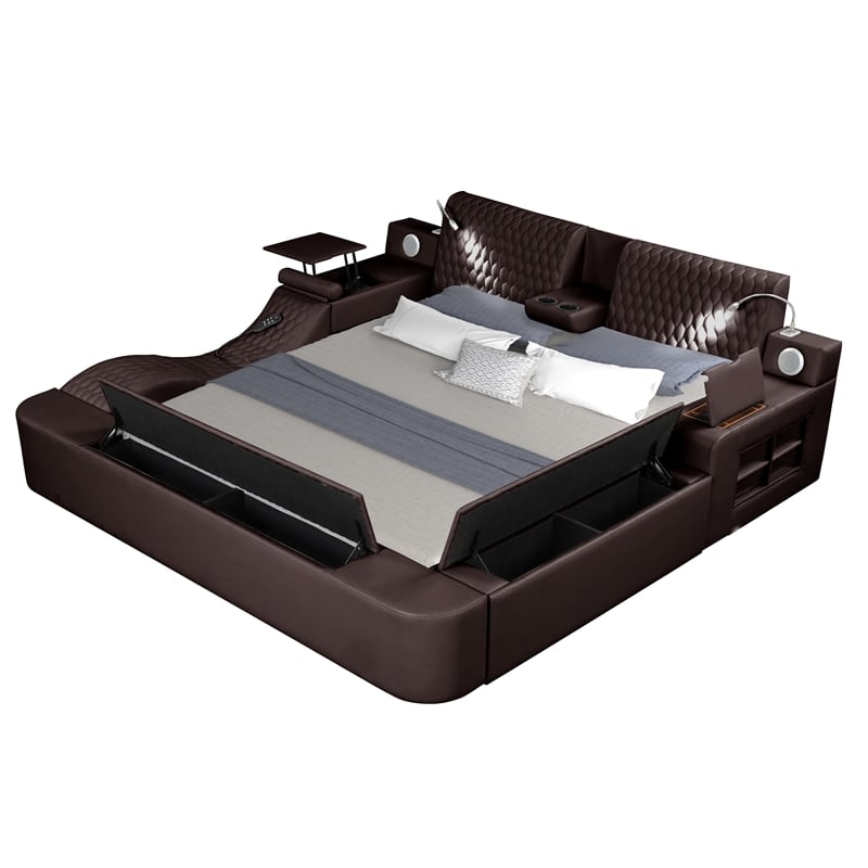 Zoya Smart Multifunctional Queen Size Bed Made With Wood In Brown 