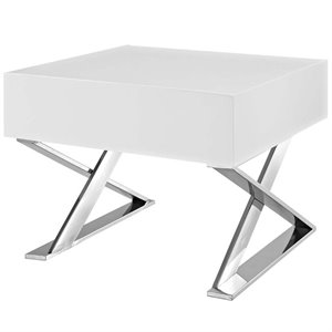 Levan Home Modern Bedside Nightstand//End Table with Drawer in Gloss White//Steel