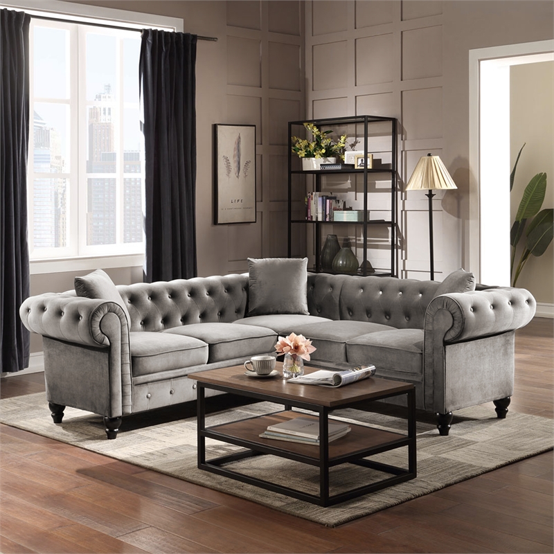 CRO Decor 80'' Tufted Velvet Upholstered L Shaped Sectional Sofa