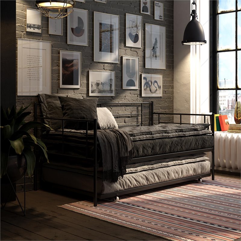 strip Minachting andere RealRooms Praxis Metal Daybed with Trundle Twin/Twin Size in Black