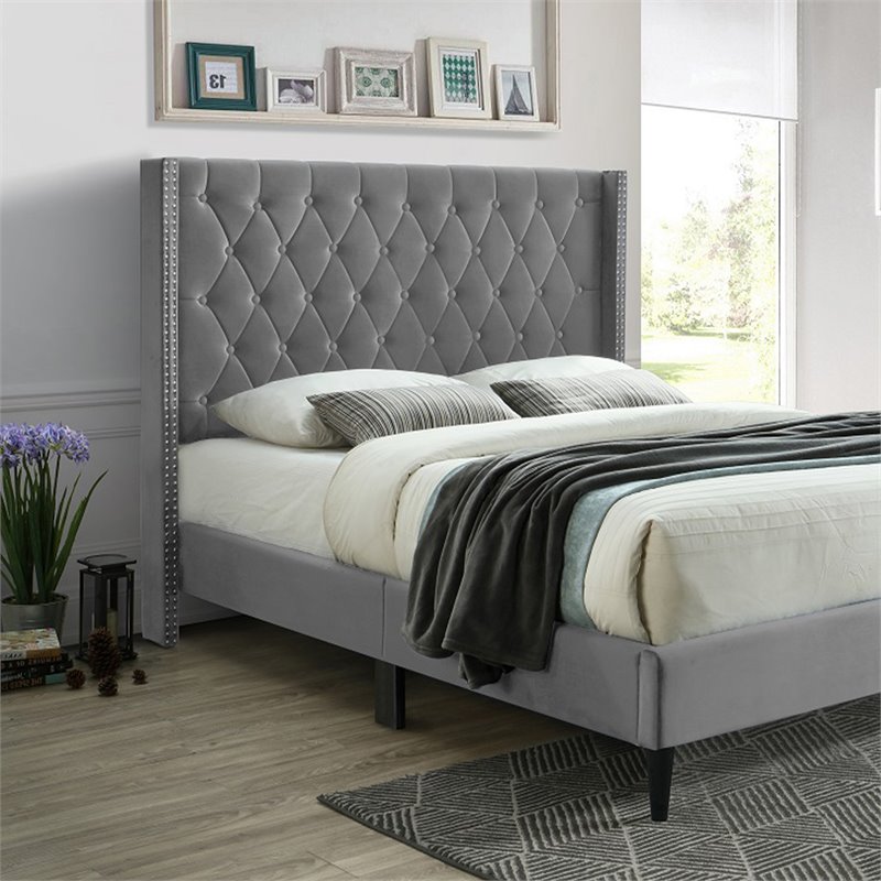 Papajet Tufted Upholstered Platform Bed Frame King Size Velvet Low