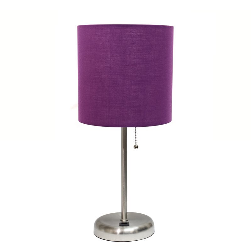 LimeLights Silver Metal Stick Lamp w/ USB Port with Purple Shade