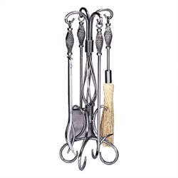 Uniflame 5 Piece Pewter Wrought Iron Fireset With Birdcage Handle