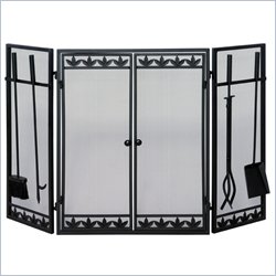 Uniflame 3 Fold Black Wrought Iron Screen with Filigree, Doors and Tools
