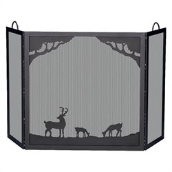 Uniflame Deluxe 3 Panel Black Wrought Iron Screen With Deer In Forest Scene