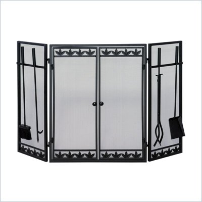 Uniflame 3 Fold Black Wrought Iron Screen with Filigree, Doors and Tools