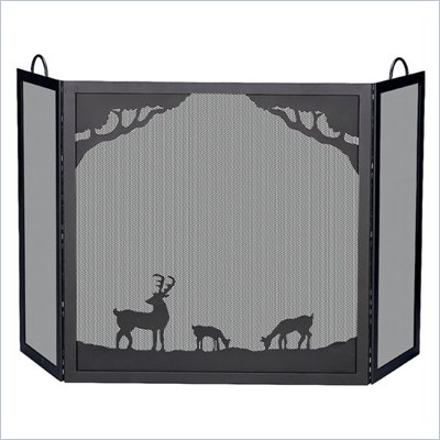 Uniflame Deluxe 3 Panel Black Wrought Iron Screen With Deer In Forest Scene