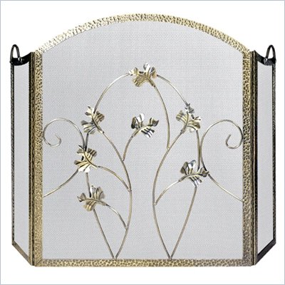 Uniflame 3 Fold Hammered Polished Iron Screen With Ornate Leaf Design