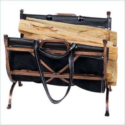 Uniflame Antique Copper Wrought Iron Log Holder with Black Leather Carrier