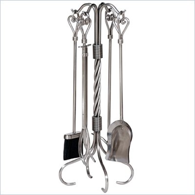 Uniflame 5 Piece Pewter Wrought Iron Fireset With Heart Handles & Tampico Brush