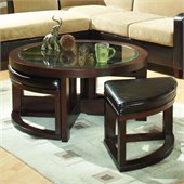 Homelegance Redell Round Glass Top Cocktail Table with 4 Ottomans in Dark Redwood