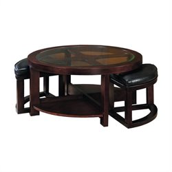 Homelegance Redell Round Cocktail Table with 2 Ottomans and Glass Inserts