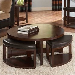 Homelegance Brussel II Round Cocktail Table with 4 Ottomans in Cherry