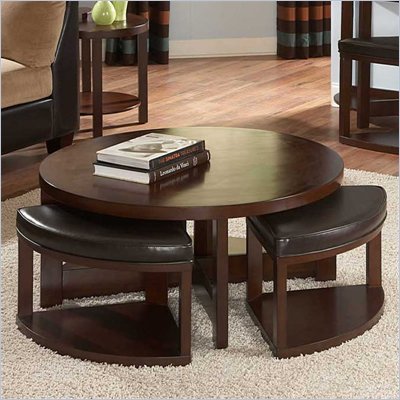 Homelegance Brussel II Round Cocktail Table with 4 Ottomans in Cherry