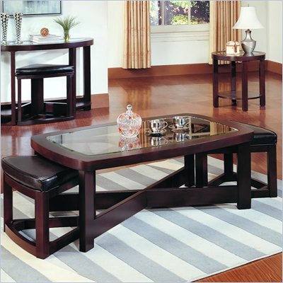 Homelegance Redell Rectangle Glass Top Cocktail Table with 2 Ottomans