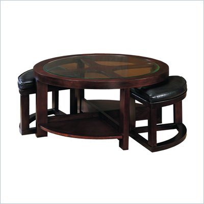 Homelegance Redell Round Cocktail Table with 2 Ottomans and Glass Inserts