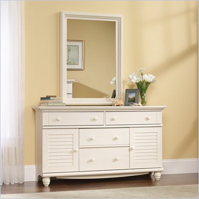 Sauder Harbor View Dresser and Mirror Set in Antiqued White