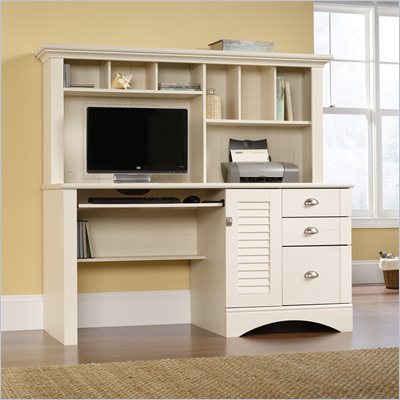Sauder Harbor View Computer Desk with Hutch in Antiqued White