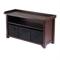 Winsome Milan Walnut Storage Bench with 3 Foldable Black Fabric Baskets