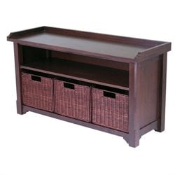 Winsome Milan Antique Walnut Storage Bench with 3 Wired Baskets