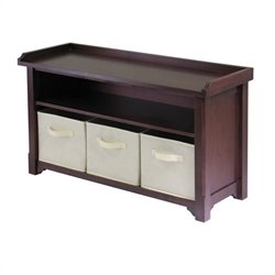 Winsome Milan Walnut Storage Bench with 3 Foldable Beige Fabric Baskets
