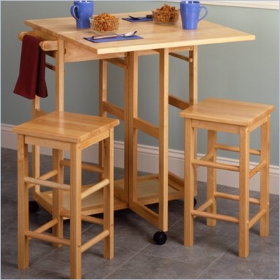 Winsome Drop Leaf Table/Kitchen Cart with 2 Stools in Natural Finish