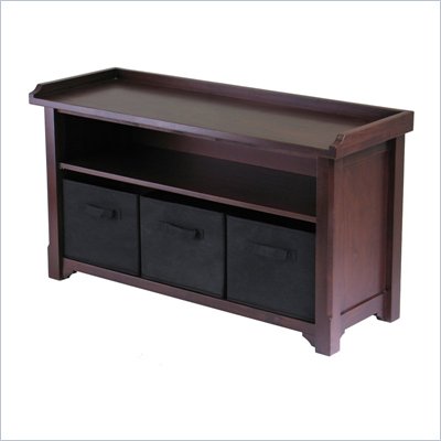Winsome Milan Walnut Storage Bench with 3 Foldable Black Fabric Baskets