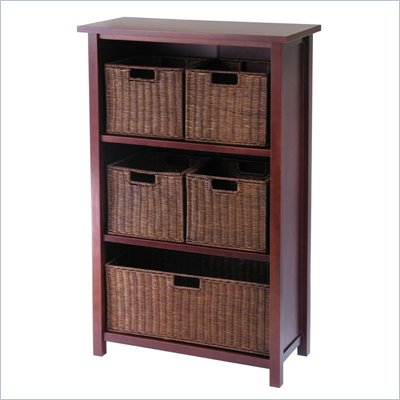 Winsome Milan 4-Tier Medium Storage Shelf and 5 Wired Baskets in Antique Walnut