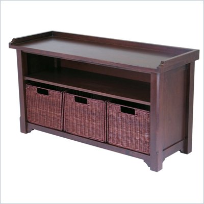 Winsome Milan Antique Walnut Storage Bench w/ 3 Wired Baskets in Antique Walnut