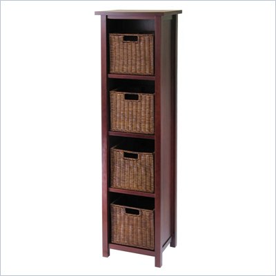 Winsome Milan 5-Tier Tall Storage Shelf with 4 Wired Baskets in Antique Walnut