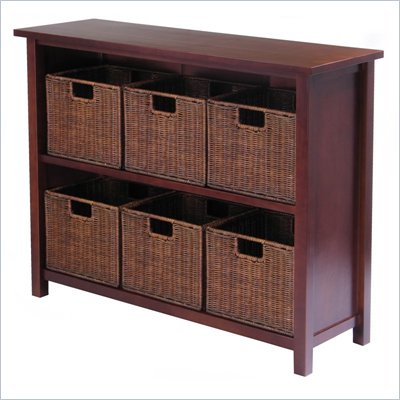 Winsome Milan 3-Tier Long Storage Shelf with 6 Wired Baskets in Antique Walnut