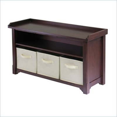 Winsome Milan Walnut Storage Bench with 3 Foldable Beige Fabric Baskets