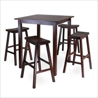 Winsome Parkland 5 Pc Square High/Pub Table Set w/h 4 Saddle Seat Stools in Antique Walnut