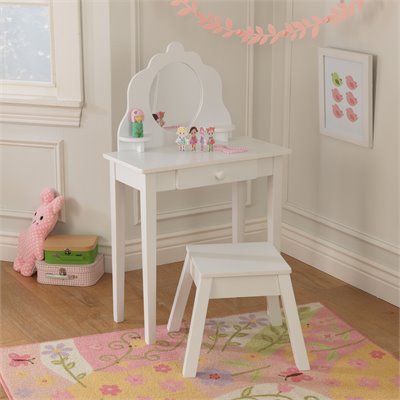 KidKraft Medium Diva Kids Wood Makeup Vanity Table and Stool for Girls with Mirror