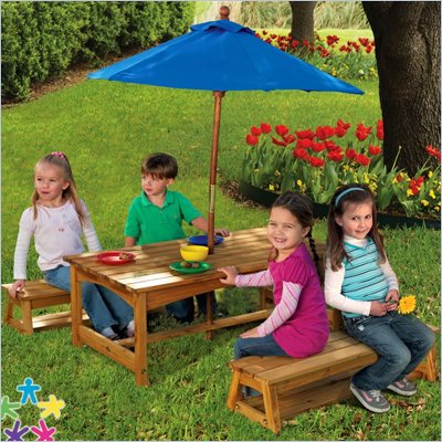 Outdoor Tables  Benches on Kidkraft Outdoor Picnic Table And Benches With Blue Umbrella   00043