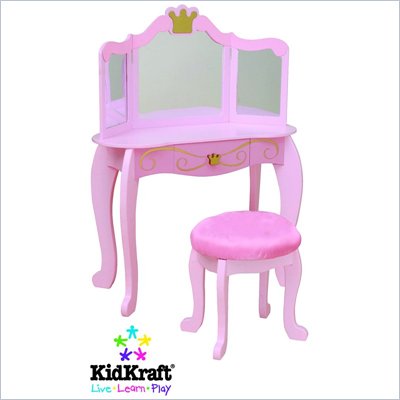 KidKraft Princess Kids Makeup Wood Vanity Table and Stool for Girls with Mirror
