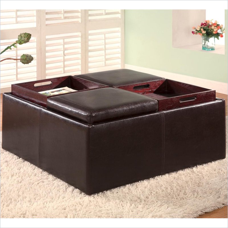 Coaster Contemporary Square Faux Leather Storage Ottoman with Tray Tops