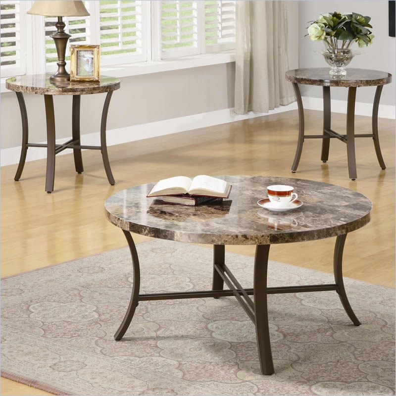 Coaster 3 Piece Faux Marble Round Coffee and End Table Set