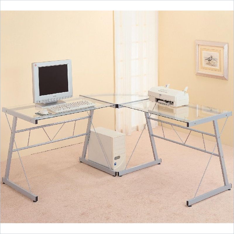 Coaster Desks Metal L-Shaped Desk with Glass Top in Silver
